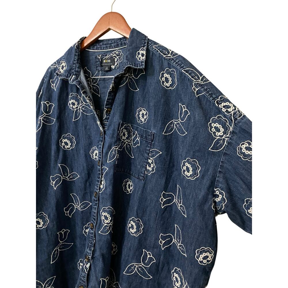 Maeve Anthropologie Oversized Denim Button Up Shirt 1X Embroidered Floral Cotton - Picture 7 of 14
